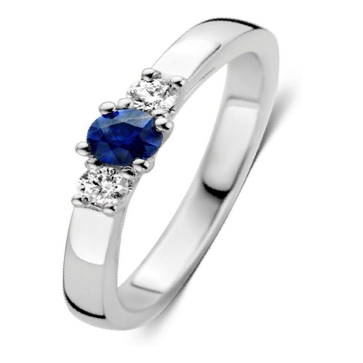 Excellent Jewelry RG216670 14 karaat witgouden ring met saffier en 0,24 ct diamant