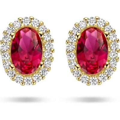 oorknoppen rood en wit zirkonia halo 14K geelgoud